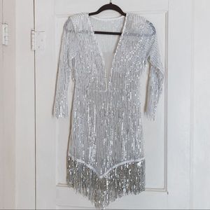 Sequin Fringe Long Sleeve Party Dress